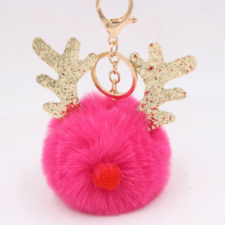 Wholesale Christmas Antler Plush Ball Keychain